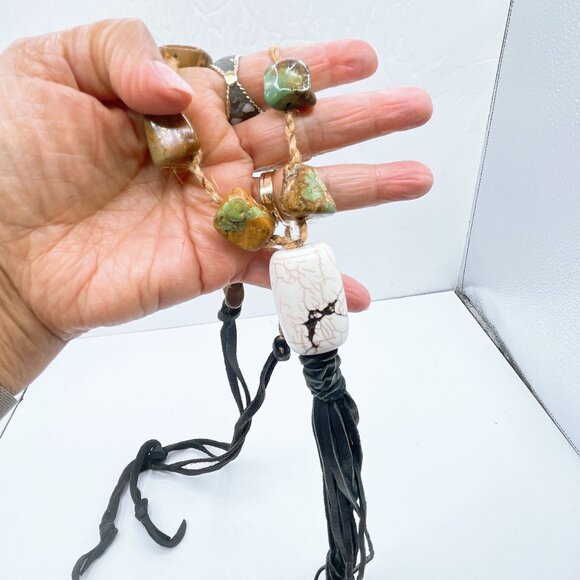 White Pendant Stone Beaded Macrame Necklace With Black Leather Tassel & Adjustab - Picture 4 of 8